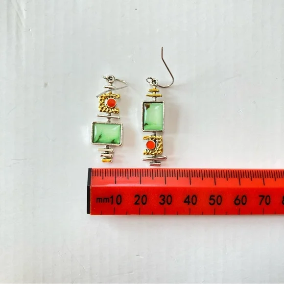BNWT Green Onyx Marble Effect Geometric Silver Back Earrings - Chic & Versatile - Picture 8 of 10